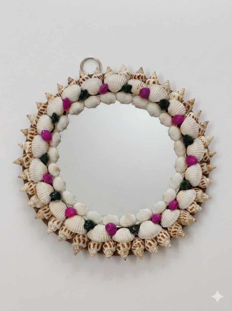 Shell Handicrafted Round Shaped Wall Hanging Mirror,8 inch Multi Colour,Mirror for Bathroom,Home,Dining Hall,Hand Made Mirrors,Unique Mirrors for Home Decor,-image-46
