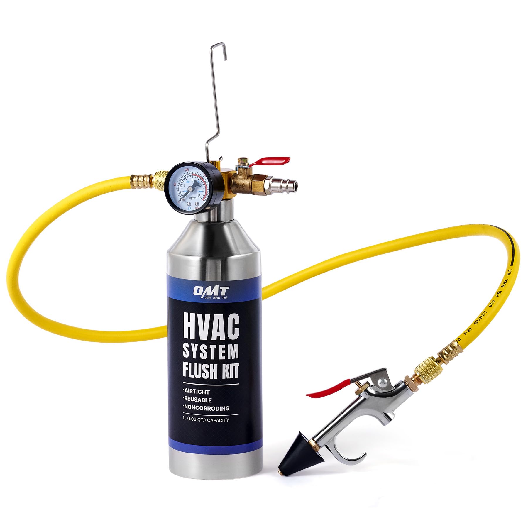 Orion Motor Tech Air Conditioner Flushing Kit, High Performance Flush Tool Set for Cleaning Car AC System with 34 oz Stainless Steel Tank 3.3 ft Nylon Hose 1/4 in Adapter, 150 psi Working Pressure