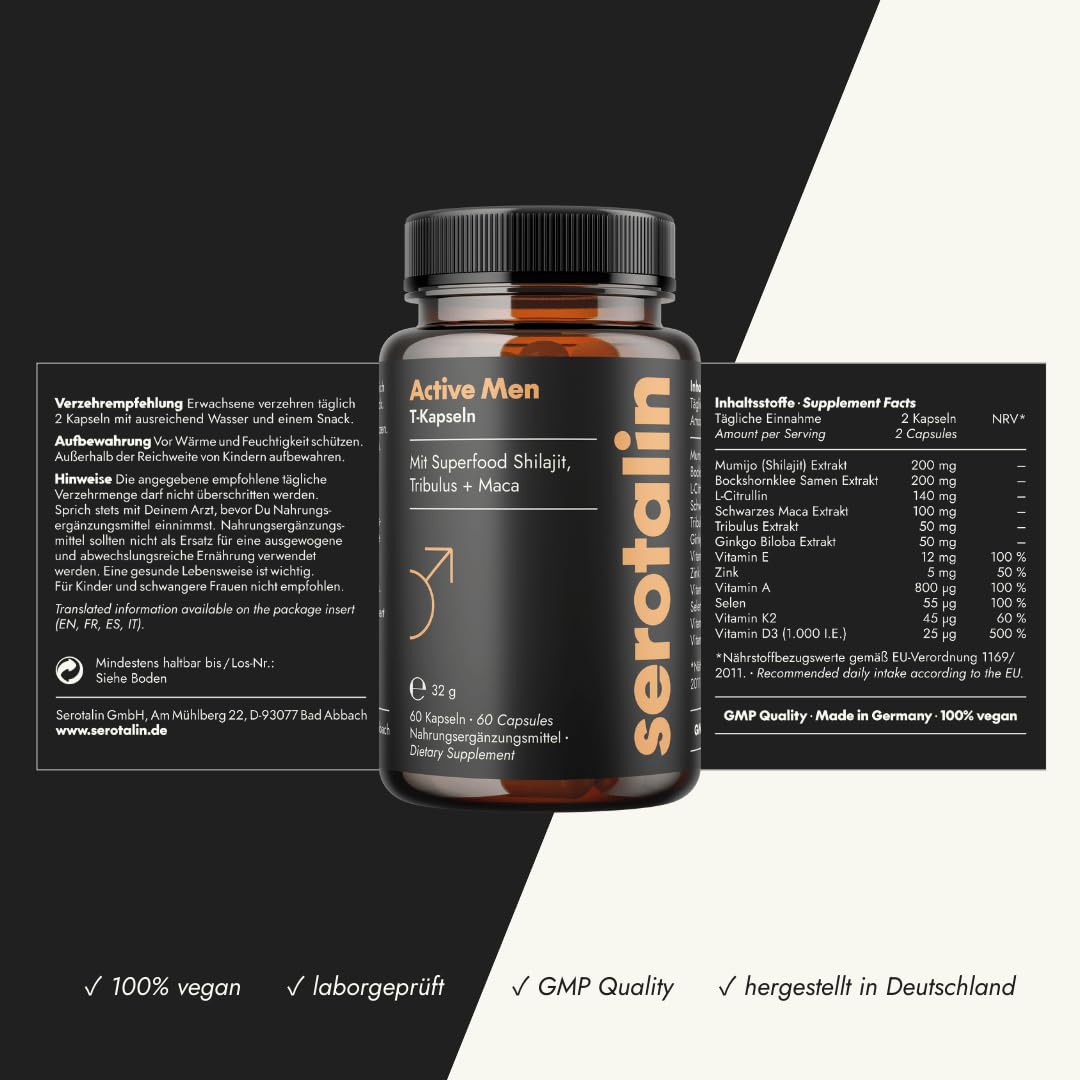 serotalin Active Men All-in-One Bundle für Männer - 60er Kapseln mit Maca & Shilajit + T-Drink mit Kreatin & L-Citrullin - Für Sport & Alltag