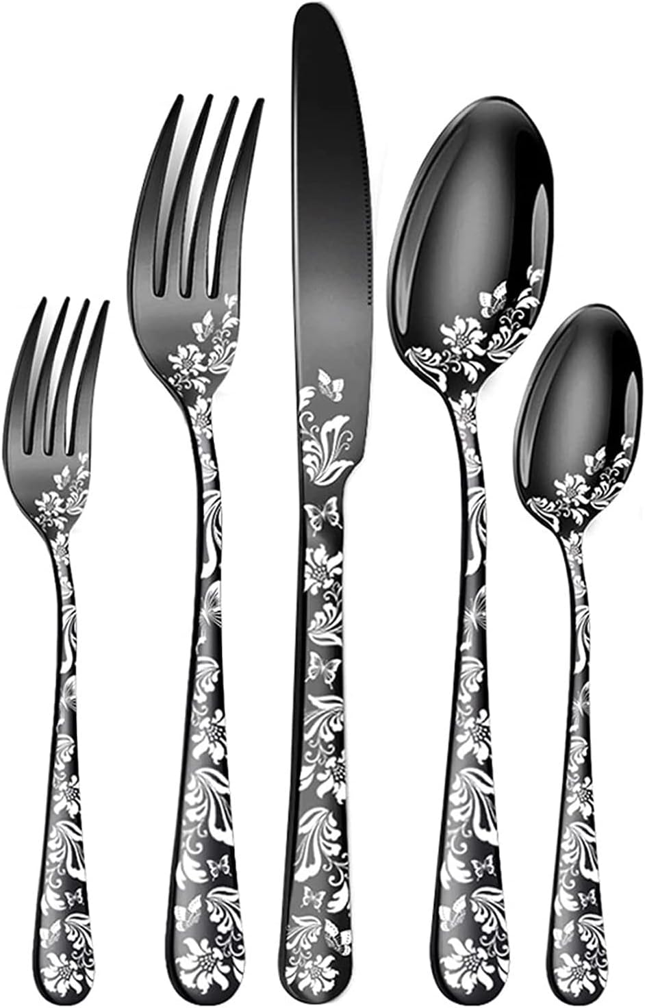 WE-CEF Black Flatware Set 5-Piece Silverware Set, Unique Flowers Pattern Design,Stainless Steel Kitchen Utensil Tableware Cutlery Set Includes Dinner Knives Forks Spoons for Home and Restaurant (5)