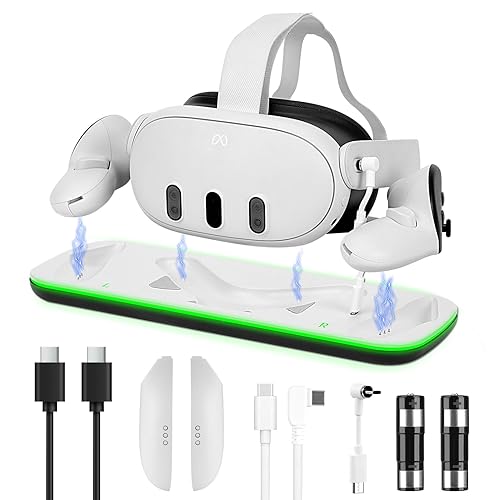Helmsyde VR Charging Dock for Meta Quest 3S/Quest 3, Fast Charging Station with LED Indicator, Magnetic Charging Dock Station for VR Headset & Controllers, with 2 Rechargeable Batteries