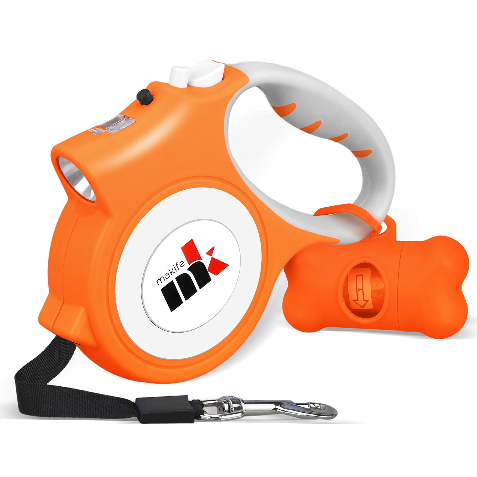 Guinzaglio retrattile per cani di piccola taglia fino a 25 kg, guinzaglio resistente da 5 m, con luce a LED e 15 sacchetti per escrementi per cani con dispenser, arancione