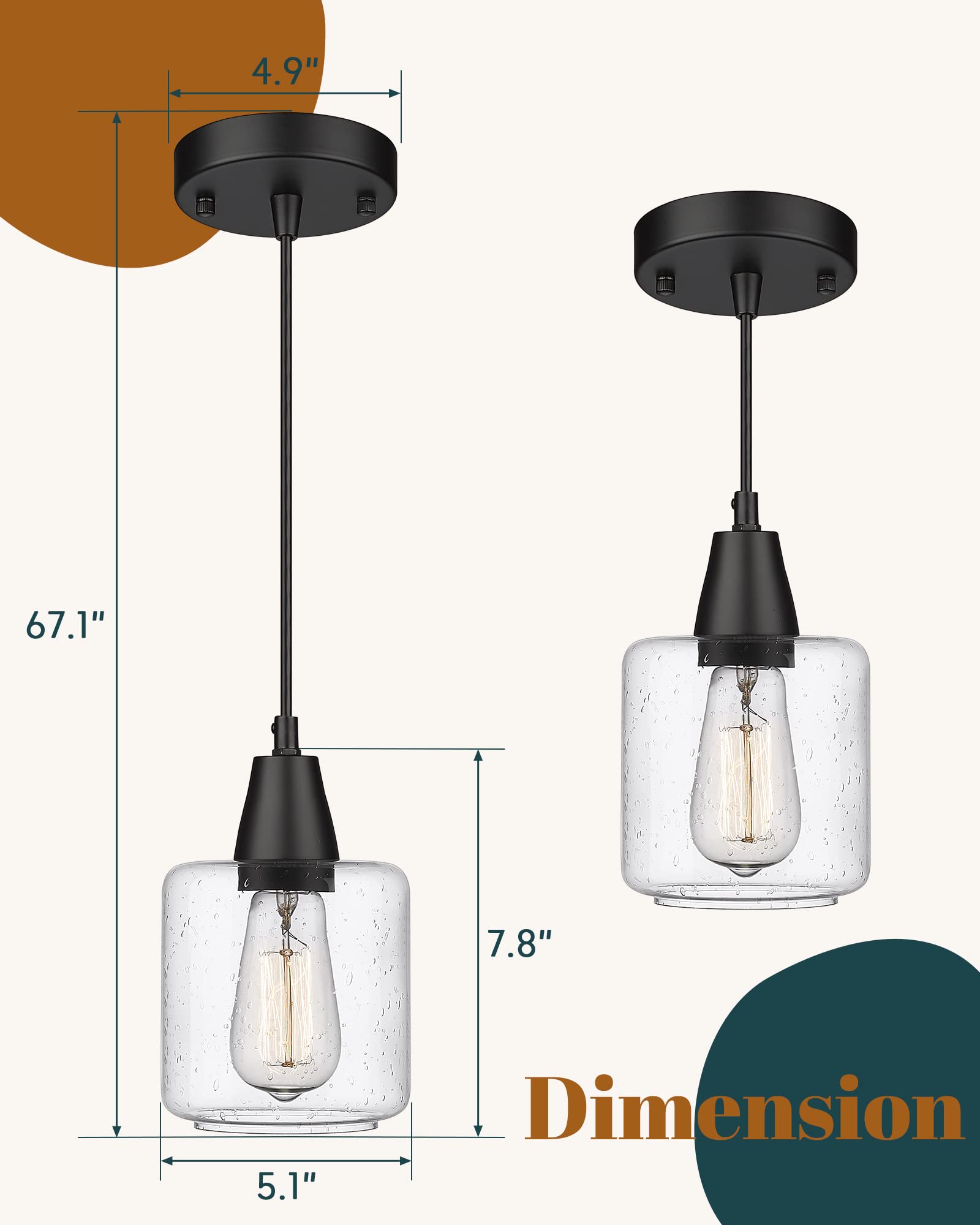 FOITTON Black Pendant Light, Industrial Hanging Light Fixtures with Seeded Glass Shade, Adjustable Height, Farmhouse Pendant Lighting for Kitchen Island Dining Room-2 Pack