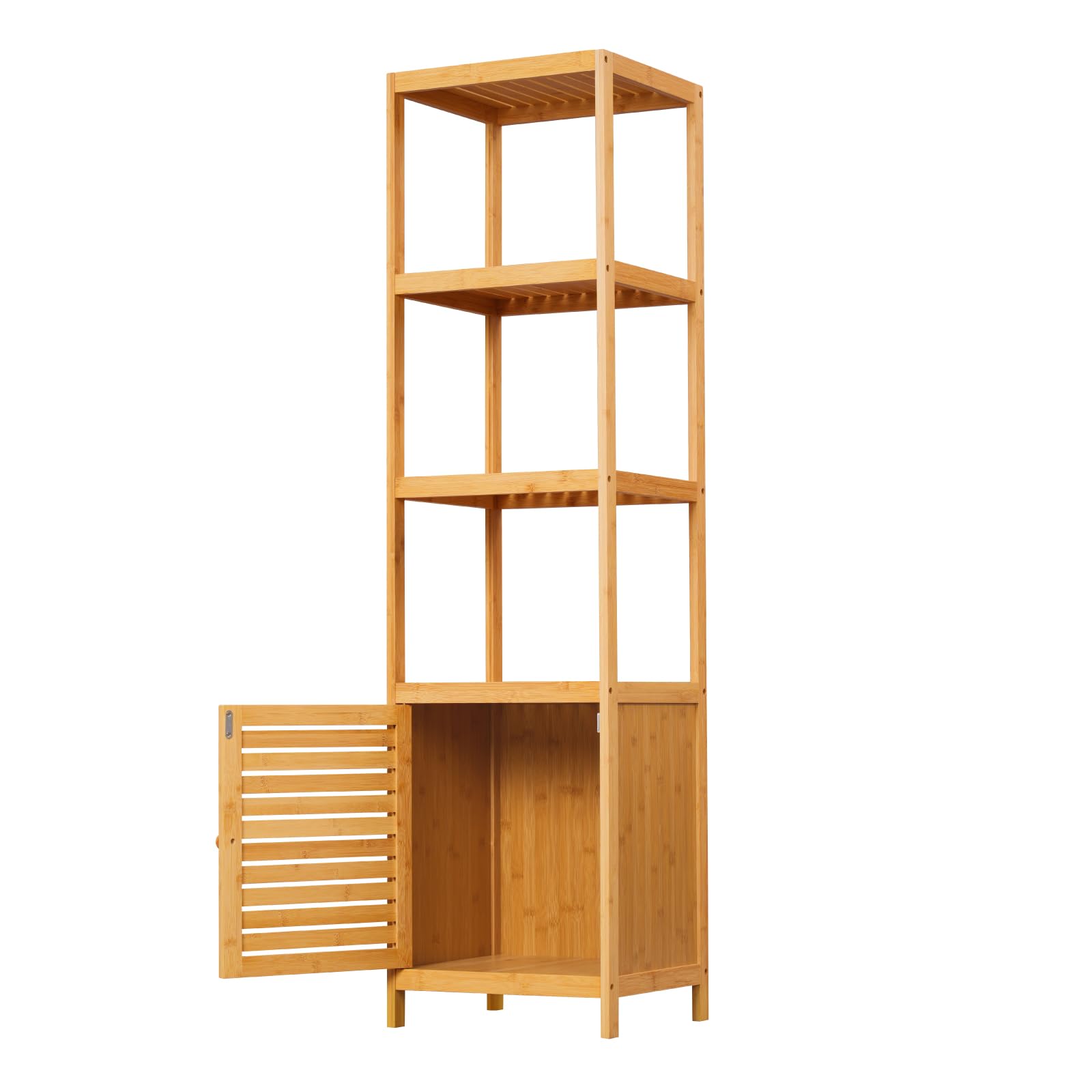 WOLTU Meuble Salle de Bain Bambou, Étagère Colonne pour Salle de Bain | avec 4 Tablettes Ouvertes, 1 Placard avec Porte à Lamelles, 36x33x140cm