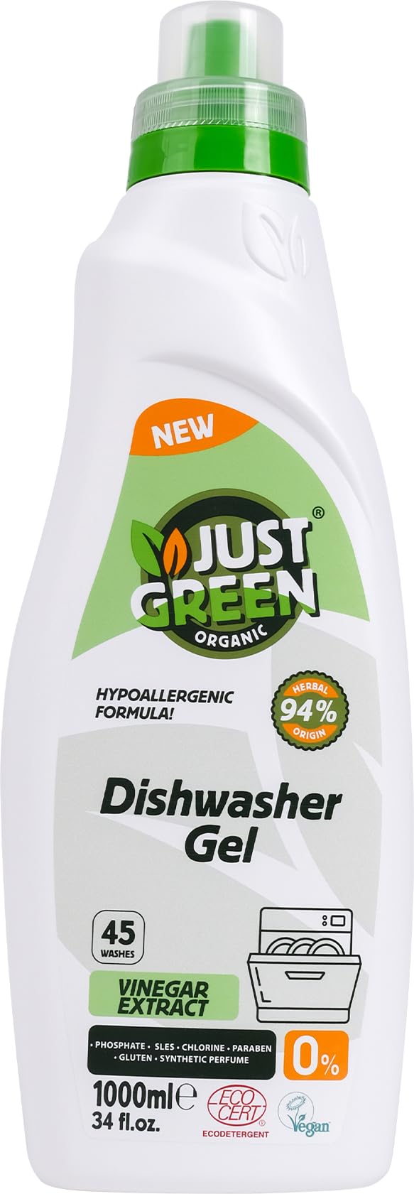 Just Green Organic Dishwasher Gel, Hypoallergenic Formula with Vinegar Extract, 1000ml, 45 Washes