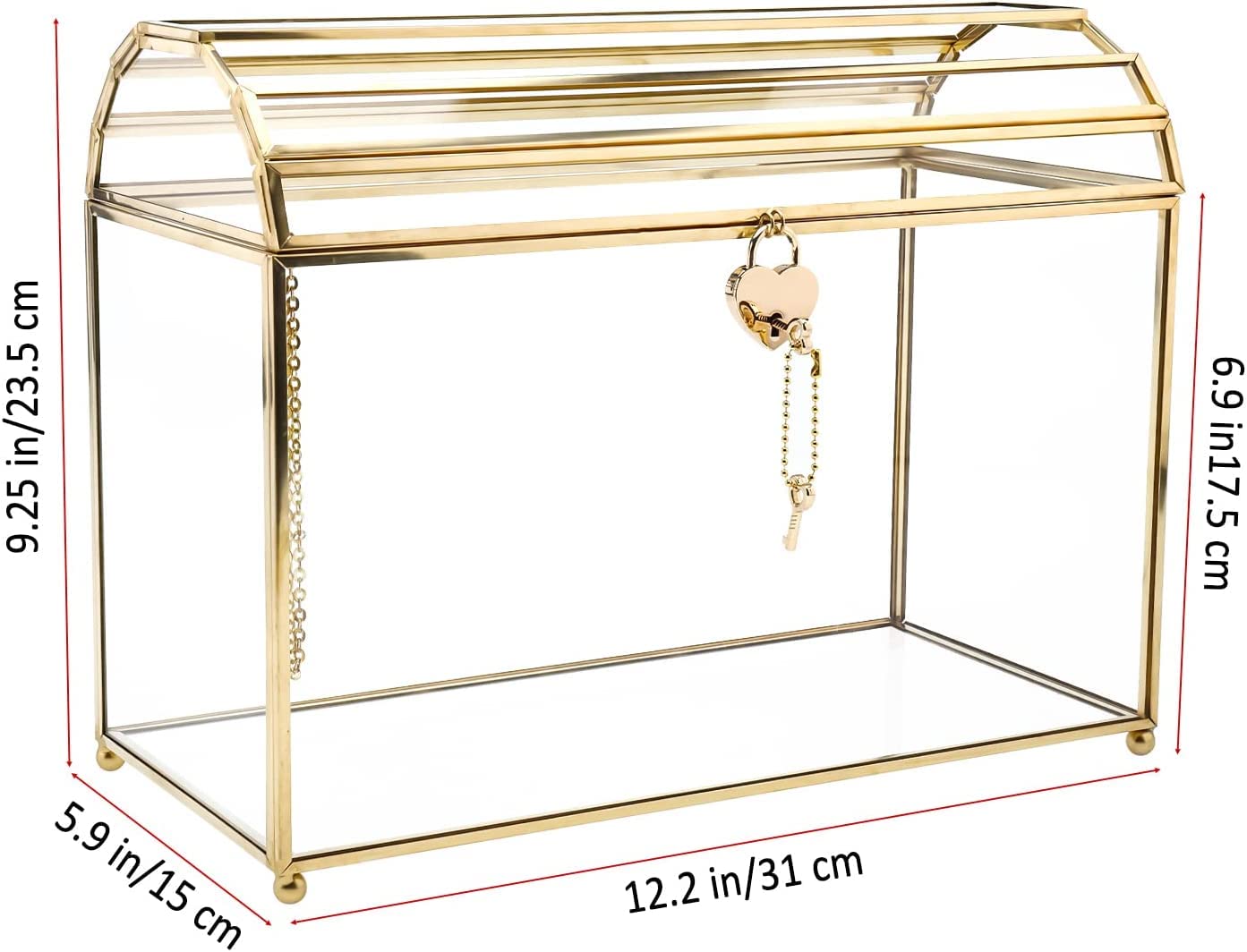 Homtone 31 cm Große Glas Hochzeit Kartenbox mit Schlitz und Schloss, Geometrisches Terrarium Gold Glaskasten, Vintage Präsentationsbox für Hochzeitsempfang, Tafelaufsatz