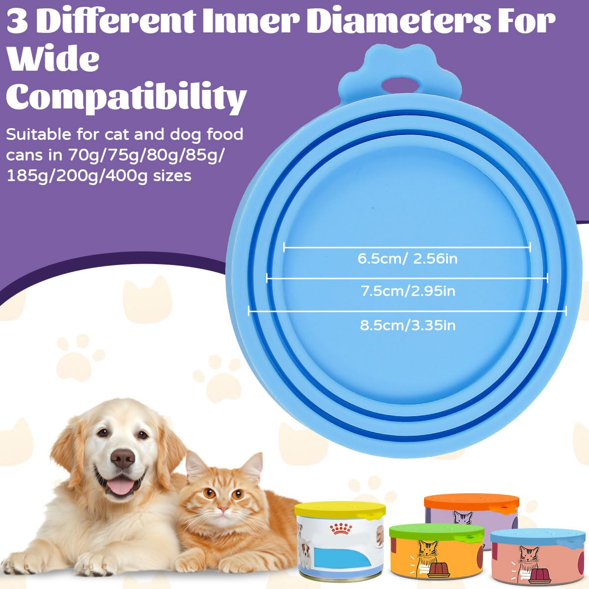 Lot De 6 Couvercles De Boîte De Nourriture pour Chat avec 6 Cuillères en Silicone 70g 85 G 200 G 400 G Couvercles pour Boîtes De Conserve, Couvercles pour Boîtes Alimentaires