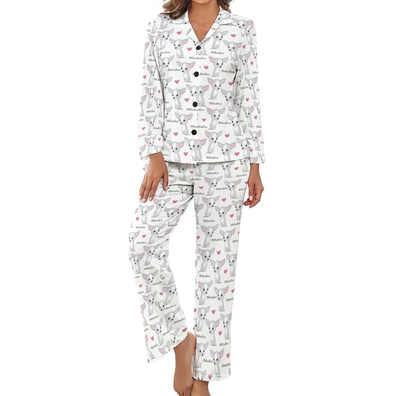 Little Chihuahua Dog Women's Pajamas Set Long Sleeve Pj Set Button Down Sleepwear Pajamas Loungewear M