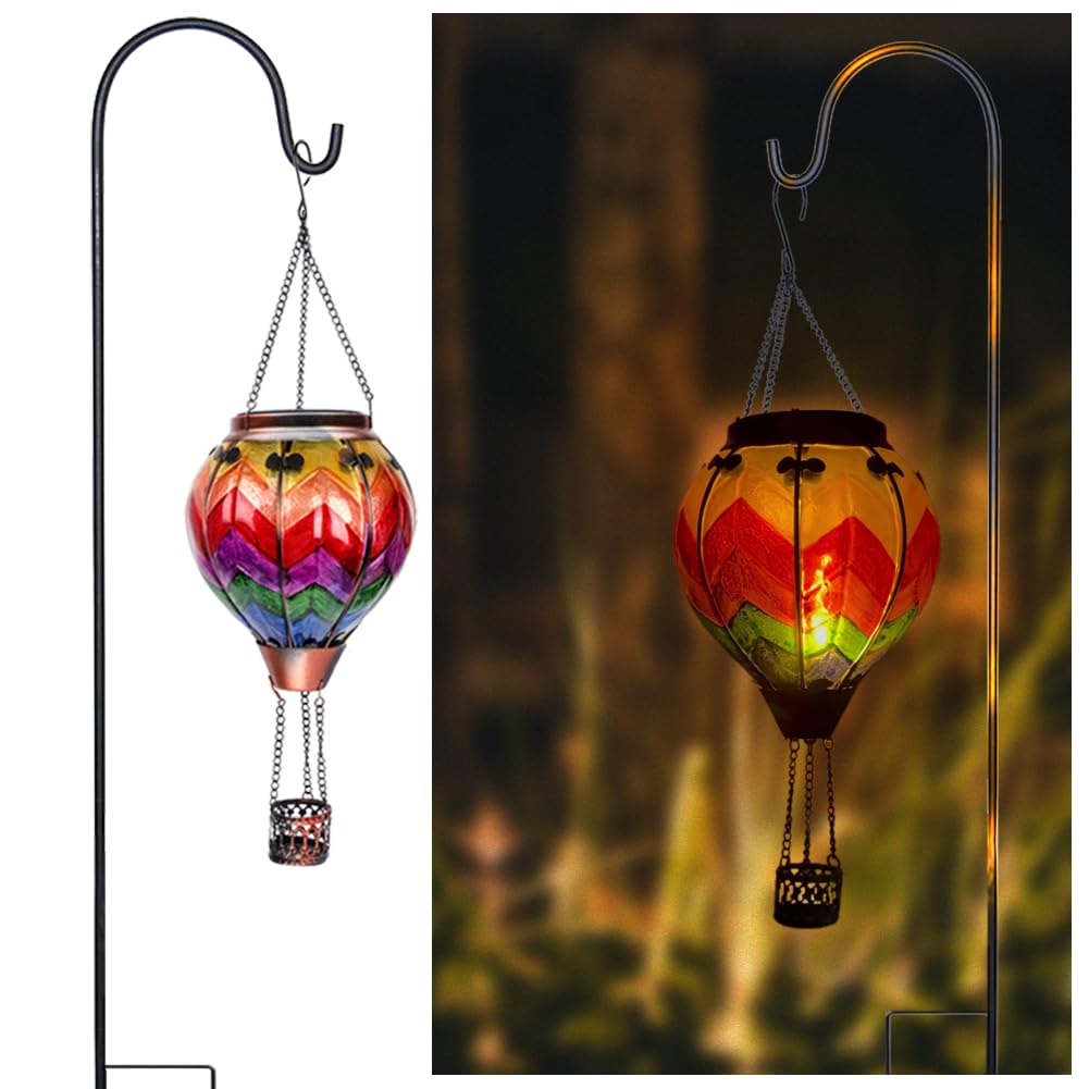 2PCS Glass Hot Air Balloon Solar Lanterns with Flickering Flame, Hanging Light Outdoor Waterproof with Shepherd's Hooks for Garden Yard Decor, 18" H Wavy-Colorful