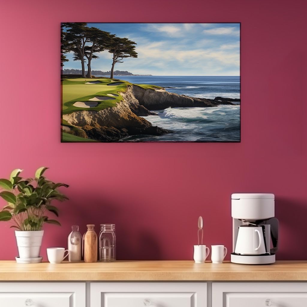 Canvas for Living room. Cliffside Serenity: Golfing Along the Ocean's Edge, 27 x 18 inch Canvas Wall Art - Ready to Hang
