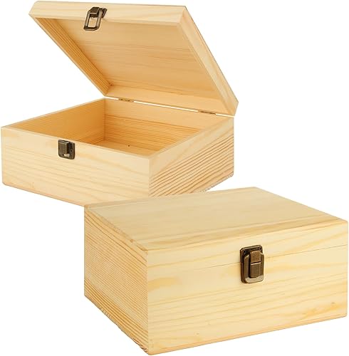 DAJAVE Paquete de 2 cajas de madera sin terminar, caja de almacenamiento de madera con tapa con bisagras, caja de madera de pino, cajas de