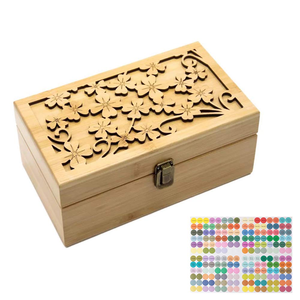Wooden Essential Oil Storage Box Travel Case with Bottle Cap Label, Holds 24 Bottle for 5-15ml - Aromatherapy Organizer Nail Polish Fragrance Container - Keep Scented Oil Safe & Space Saver