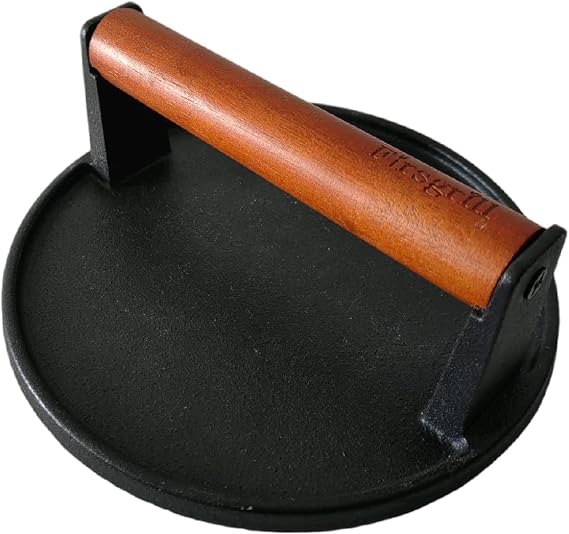 Cast Iron Grill Presses with Wood Handle (Round & Rectangle w Flat Bottom)