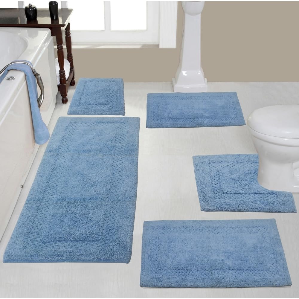 Fluffy Soft Plush Thick Pile Bathroom Rugs Cotton Set 5 Piece Non Slip Pretty Tufted Textured Light Blue