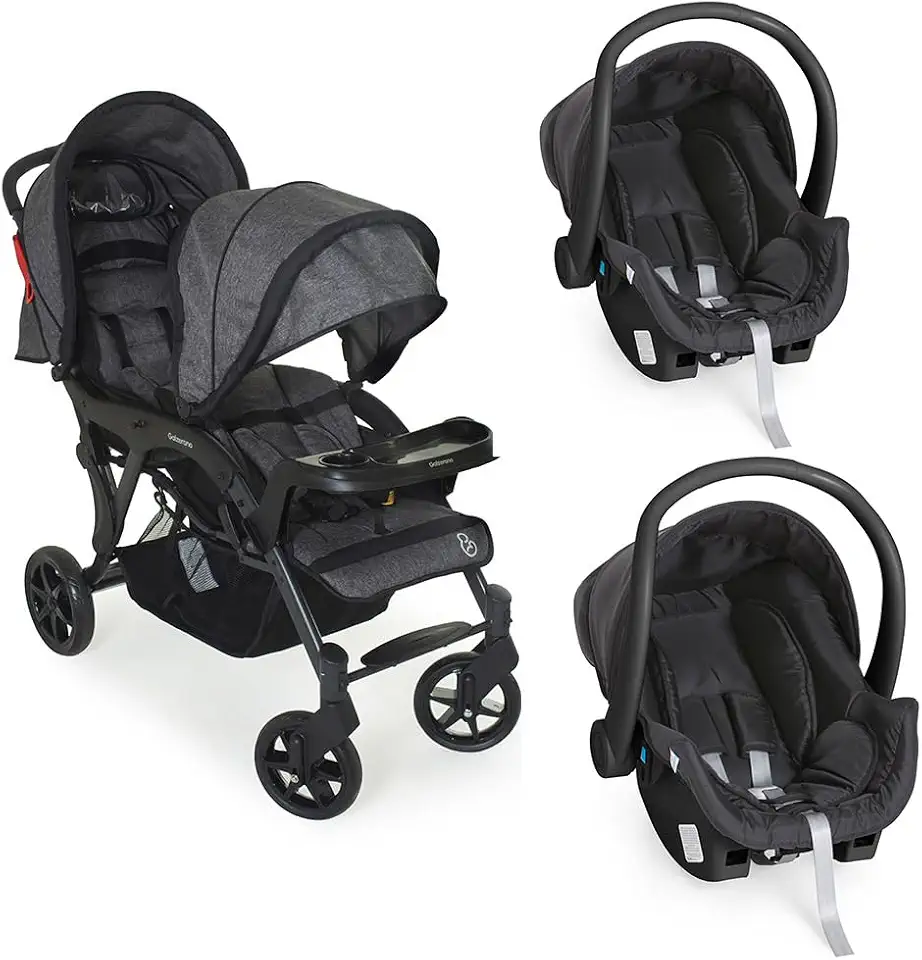 Carrinho para Gemeos Doppio II Grafite + 2 Bebê Conforto - Galzerano