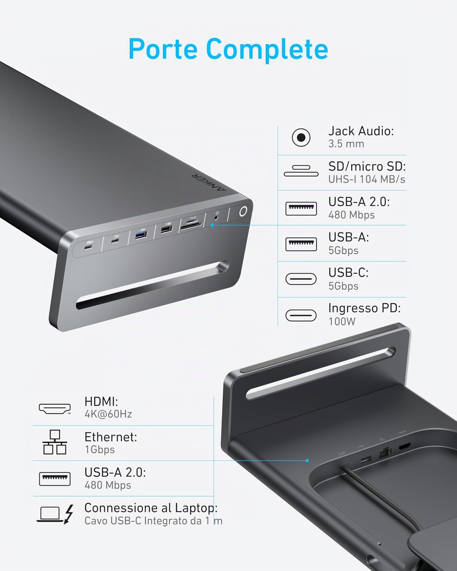 Anker Hub USB C 10 in 1 100W, Supporto Monitor in Alluminio 10 in 1 con 100W PD, Porte 5Gbps, Display HDMI 4K@60Hz, Cavo Integrato da 3,3 ft, Scrivania Ordinata per MacBook, Dell e dispositivi USB C