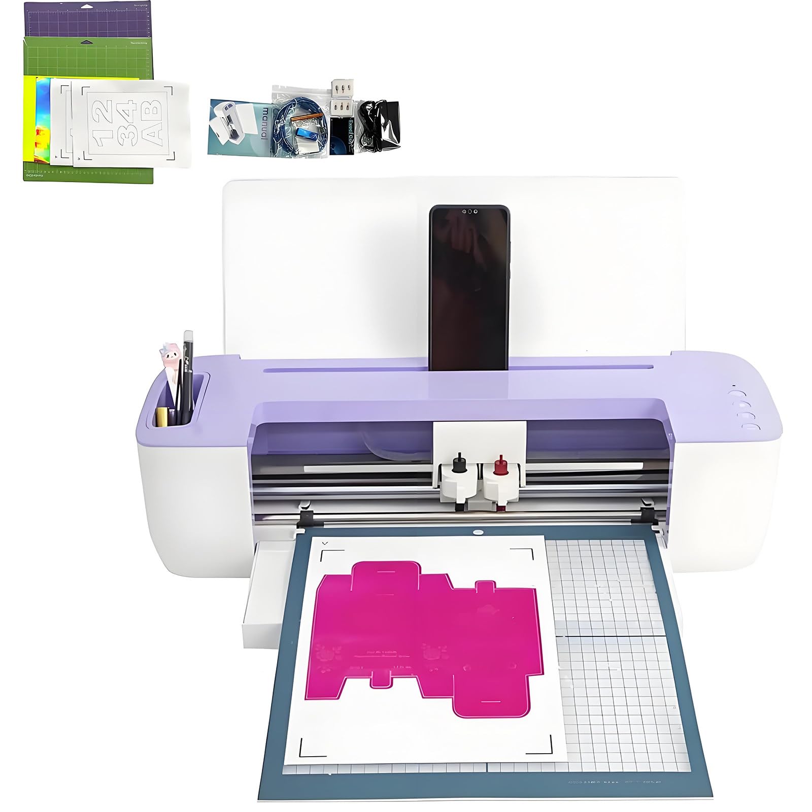 Máquina de Corte Inteligente Plotter Electrónico Automático y Máquina de Grabado en Relieve para Vinilo Papel Tela, Herramienta Creadora Inalámbrica Bluetooth con Almacenamiento Cabezales