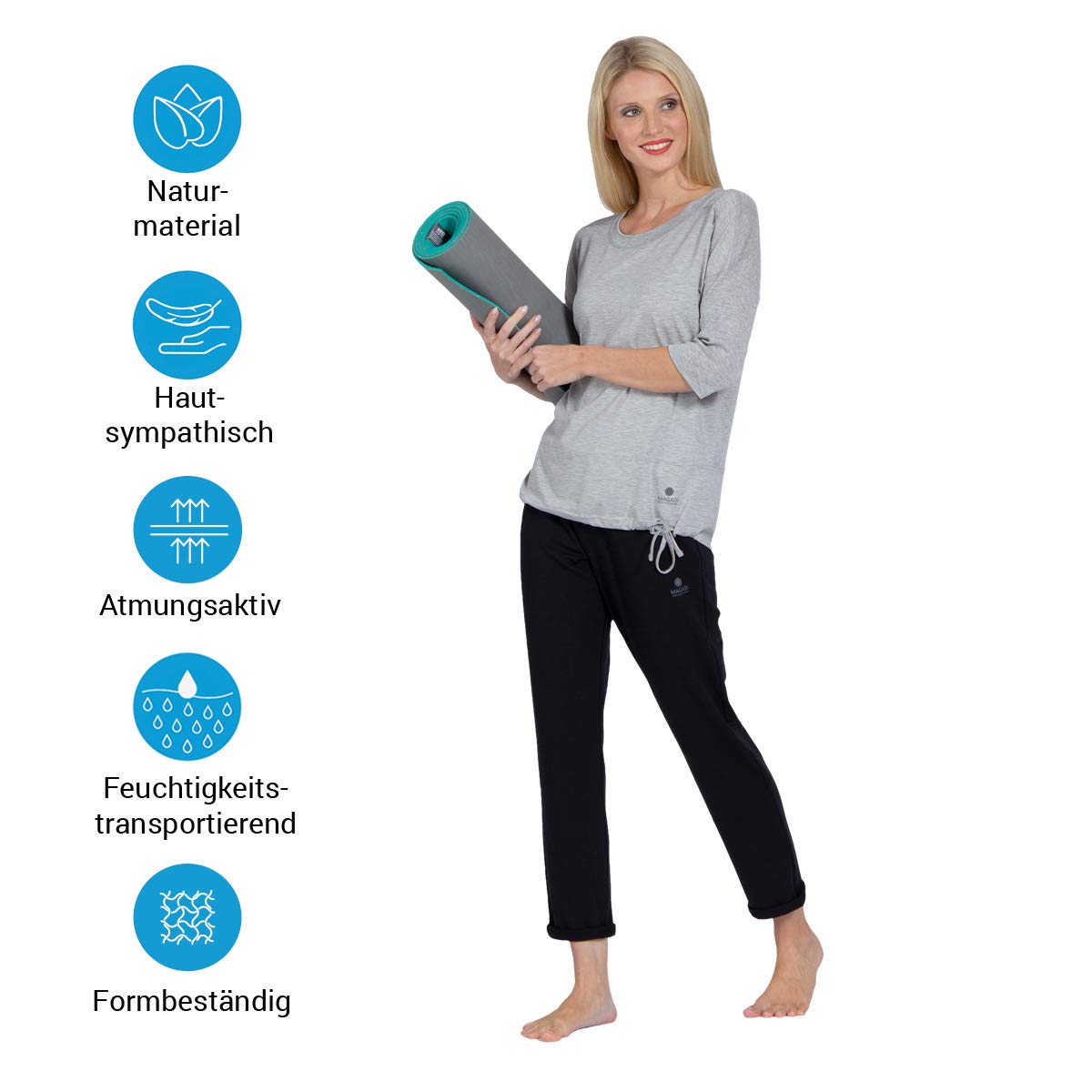 Magadi - Maglietta da Yoga Sara Grey da Donna, in Cotone Biologico, per Yoga, Pilates, Gym, equa e sostenibile, Grigio, XS