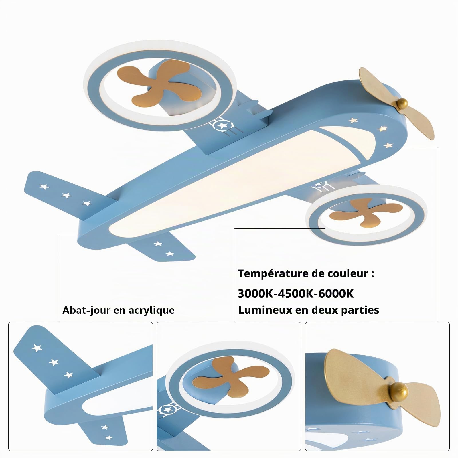 Plafonnier LED mignon et élégant avec motif d'avion - Température de couleur réglable avec une télécommande - Éclairage de plafond pour chambre d'enfant - Pour chambre d'enfant - Pour chambre d'enfant