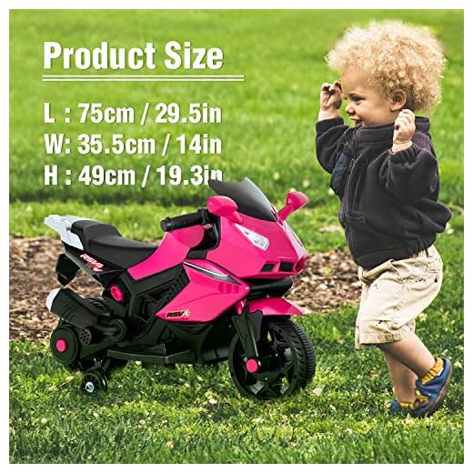Uenjoy Kids Ride On Motorcycle 6V Electric Battery Powered Motorbike for Kids, Training Wheels, Music, Headlight,Pink