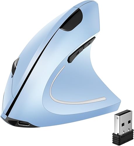 Miniatura 1 de Ratón ergonómico, mouse vertical inalámbrico, 6 botones, 1600 DPI, 2.4G óptico, diseño inalámbrico ergonómico, mouse vertical azul recargable,