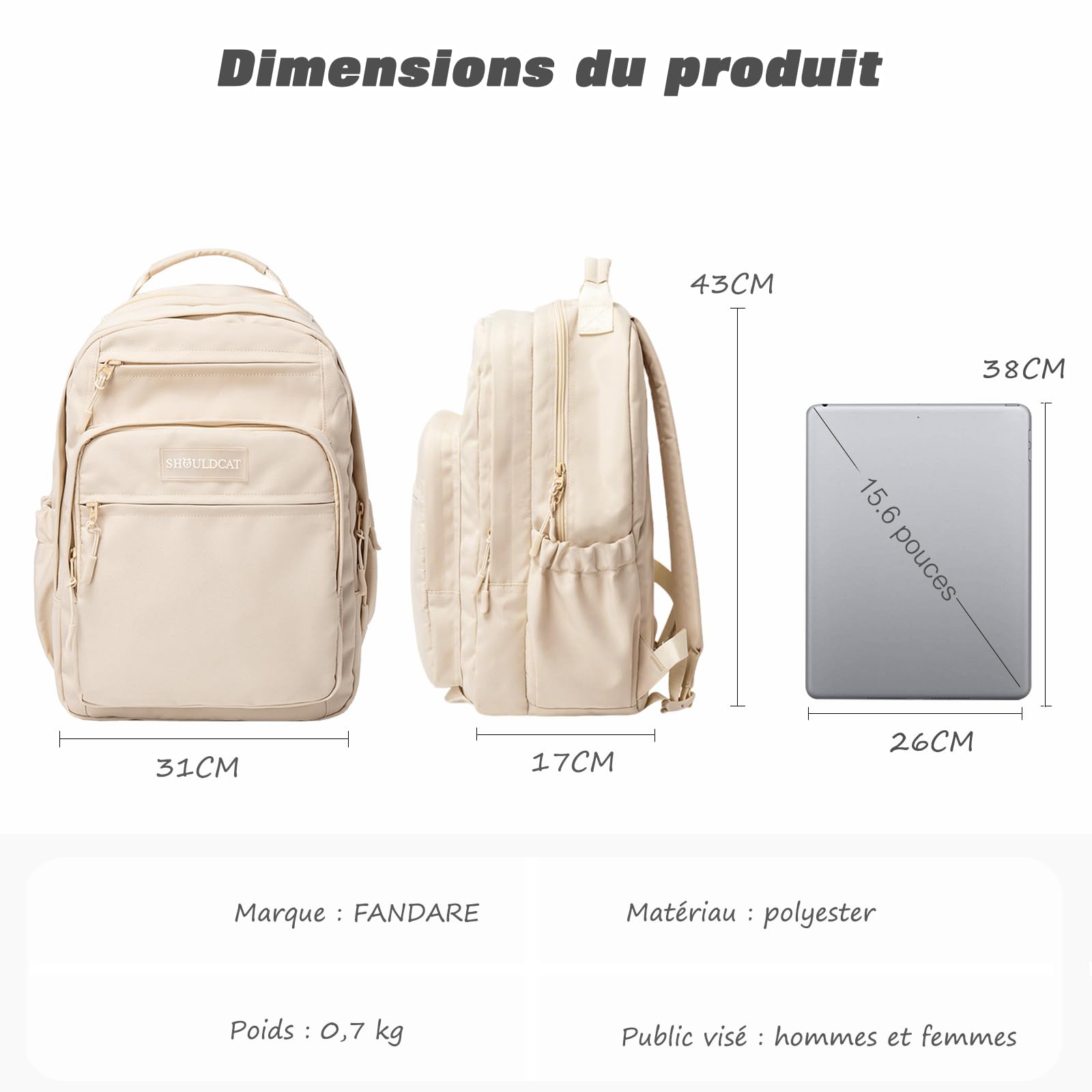 FANDARE Sac à Dos Scolaire College Cartables Fille Garçons Sac d'école pour 15.6 Pouce Laptop Casual Daypacks pour Scolaire Voyage Travail Imperméable Polyester