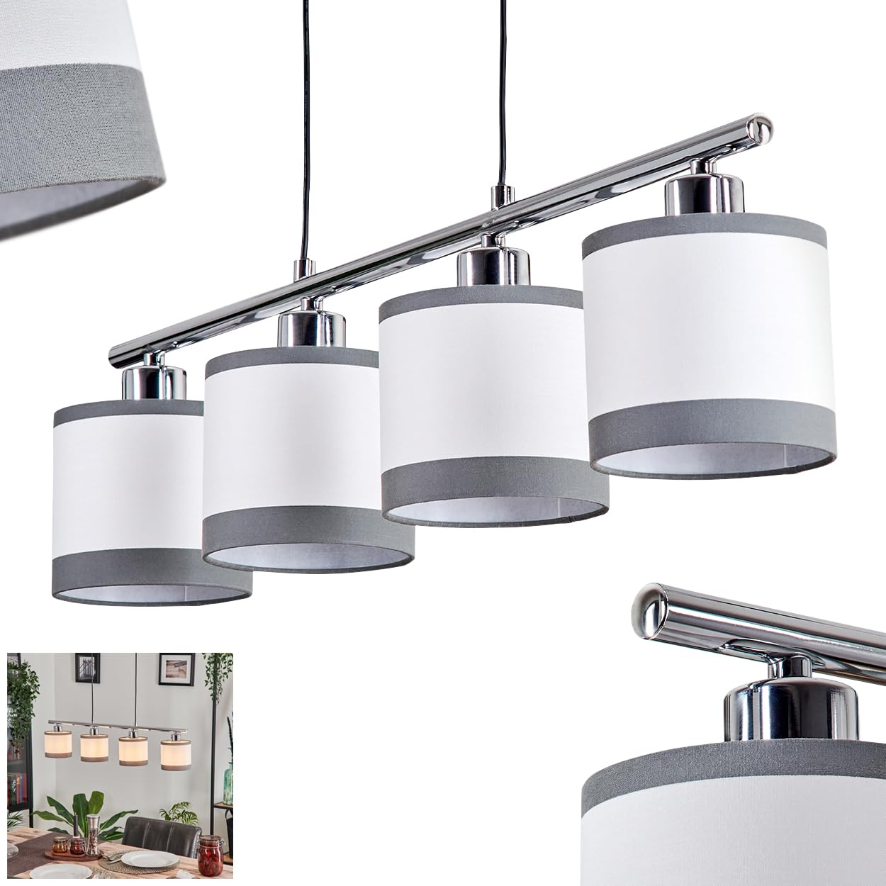 Lámpara colgante Lohobe, de metal/tejido en cromo/blanco/gris, lámpara colgante de diseño moderno con pantallas de tejido (Ø 12 cm), altura máx. 150 cm, longitud 73 cm, 4 x E14, sin bombillas,