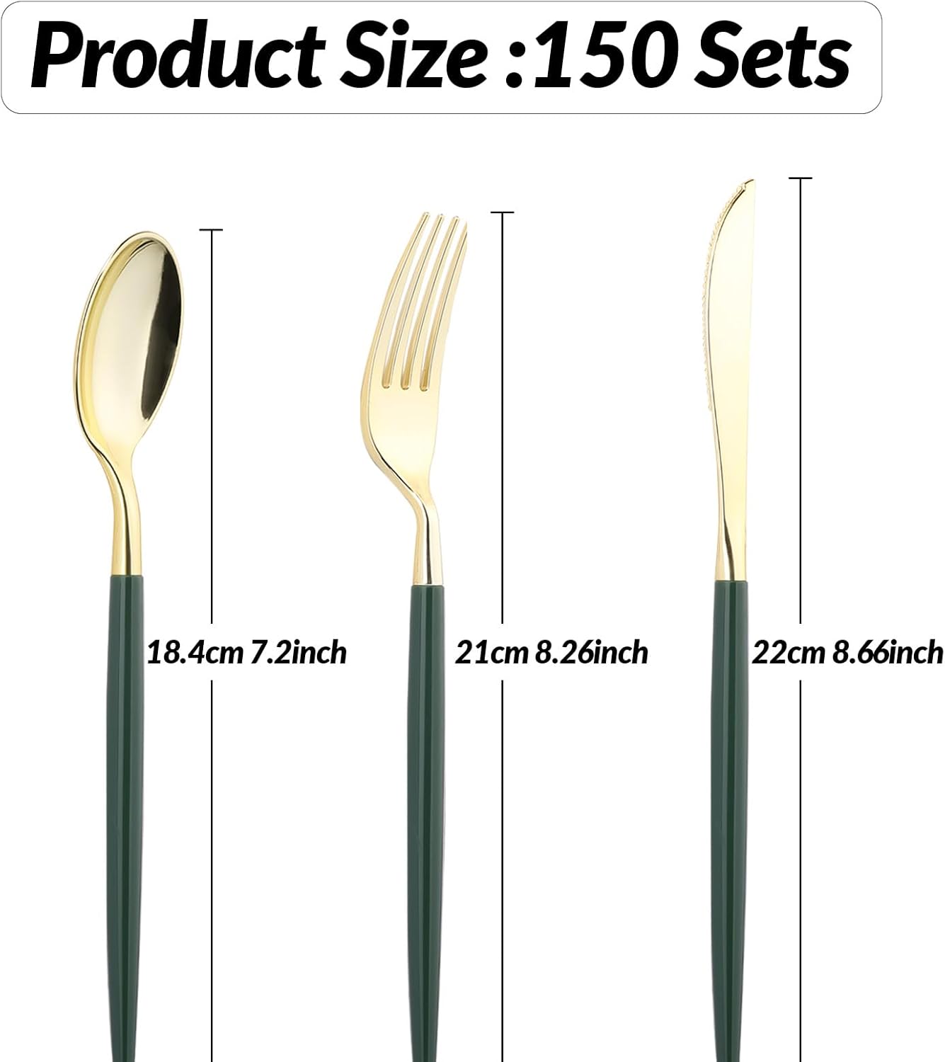 Goodluck 150 PCS Green Gold Plastic Silverware Set for 50 Guests,50 Knives, 50 Forks and 50 Spoons, Food-grade material free of BPA, Gold Plastic Cutlery Ideal for Weddings, Birthdays, Graduation