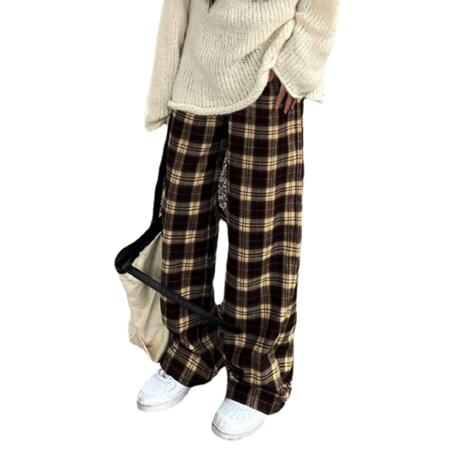 Plaid Women's Goth Baggy Alt Clothing Pants, Brown, Large
