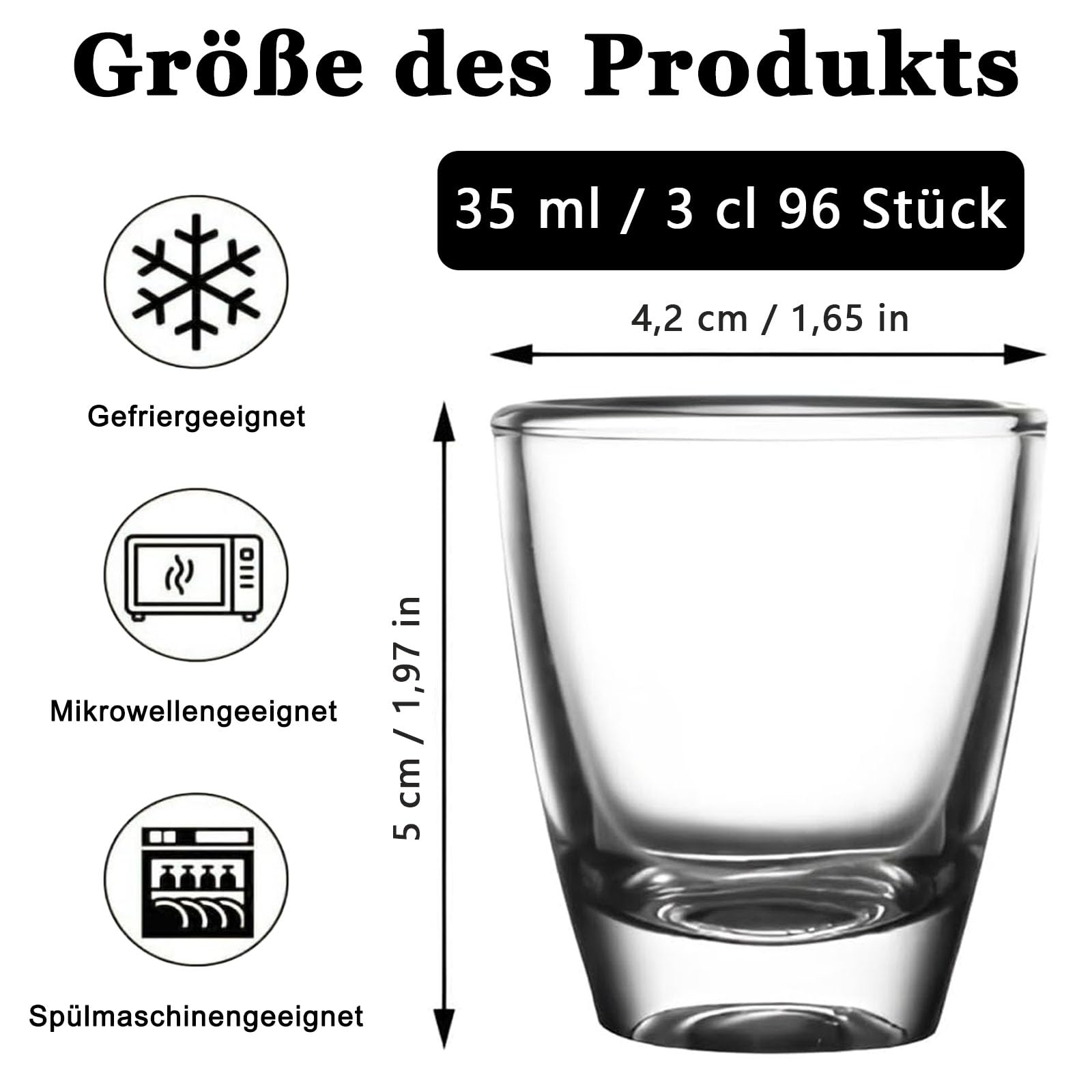 96 Stück Schnapsgläser Glas, 35ml Mini Hartglasbecher, Robuster Direktbecher, mit Verstärktem Dickboden, Party Zubehör, Geeignet für Wodka, Ouzo, Sambuca, Spülmaschinenfest