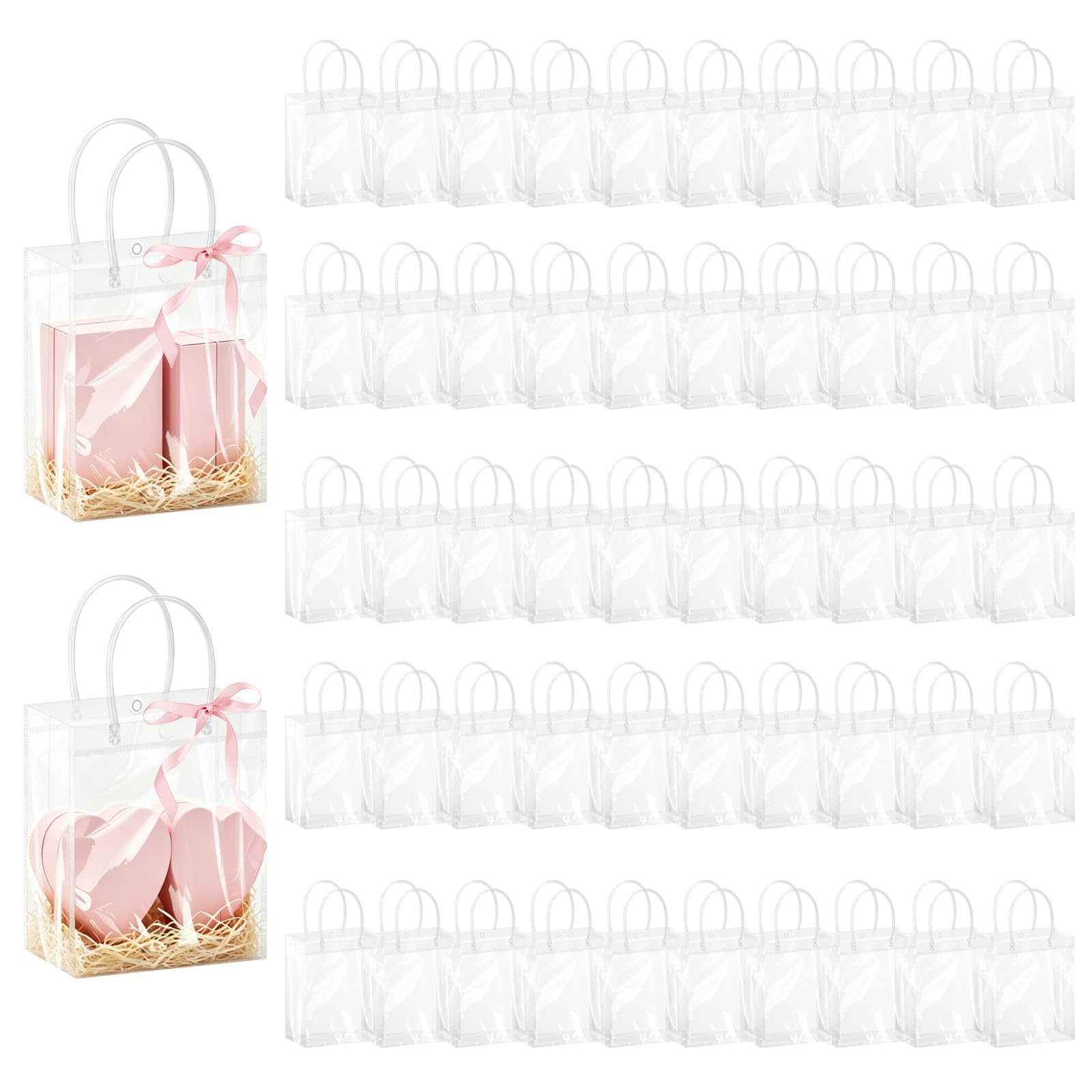 50 PCS Clear PVC Bags with Handles, Thickened Reusable Tote Bags with Snap Closure and Square Bottom, Goodie Pouches for Treats, Giveaways, 5.9 x 6.3 x 2.8 Inches (Transparent)