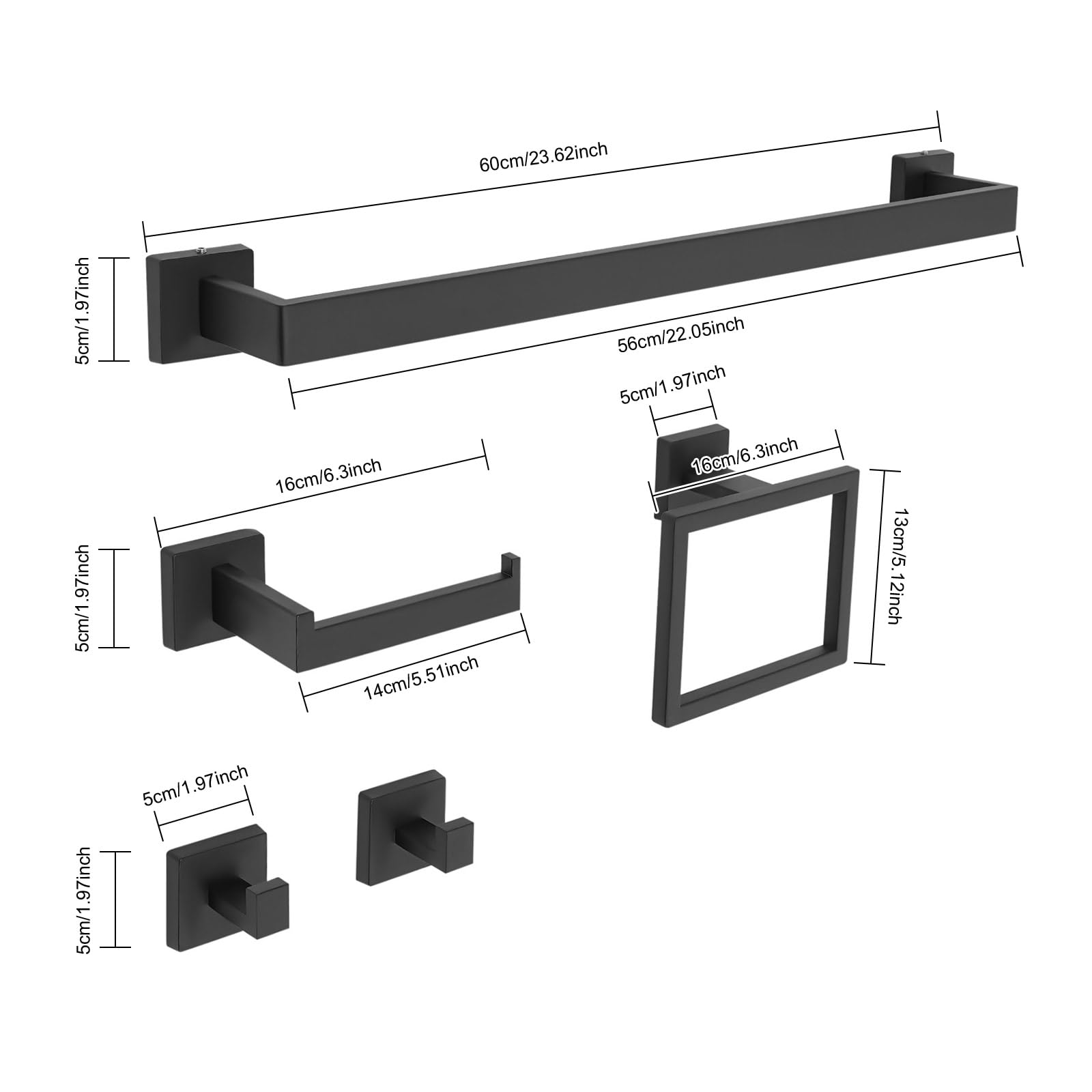 Juego de accesorios de baño de 20 piezas, accesorios de baño con 4 barras de toalla, 4 anillos de toalla, 4 soportes para papel higiénico, 8 ganchos, kit de baño para baño, inodoro (negro)