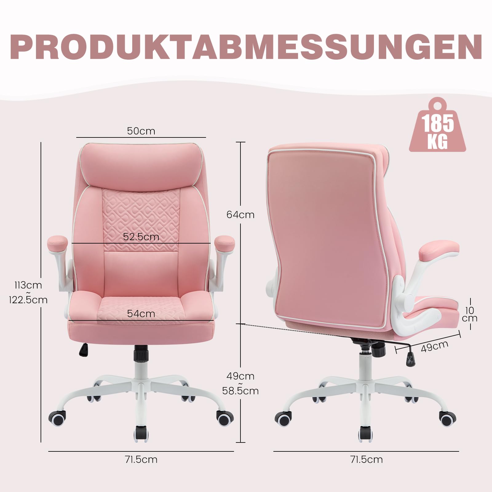 Hellove Chefsessel Bürostuhl 185kg Ergonomischer Kunstleder Schreibtischstuhl mit Verstellbarer Rückenlehne und Klappbaren Armlehnen, Drehstuhl mit Kopfstütze Computerstuhl Home Office Stuhl, Rosa
