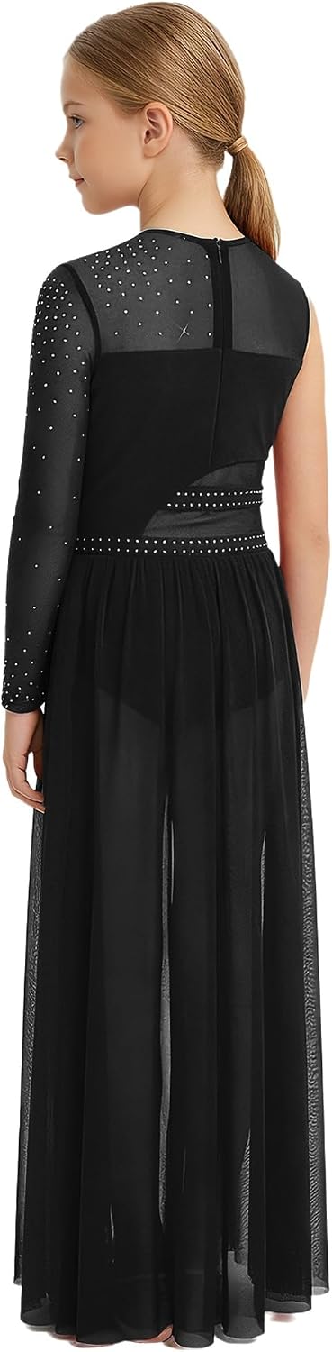 ranrann Lyrical Dance Dress for Girls Modern Contemporary Dance Dress Color Block Rhinestone Leotard with Long Skirt
