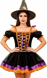 Fantasia Adulta Feminina de Bruxa Vestido de Halloween Com Corselet Ajustável e Saia Volumosa Afina a Cintura