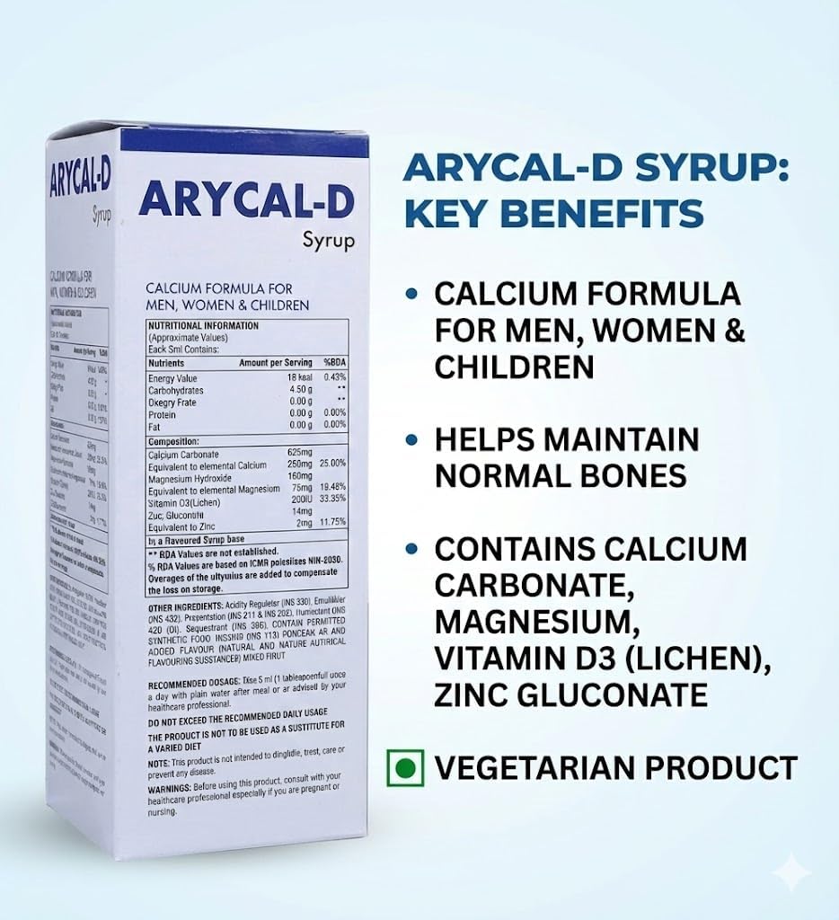 ARYUSA ARYCAL-D Syrup with Calcium, Magnesium, Zinc & Vitamin D3, Sugar-Free, Bone Health, 200 ml (Pack of 2) 2