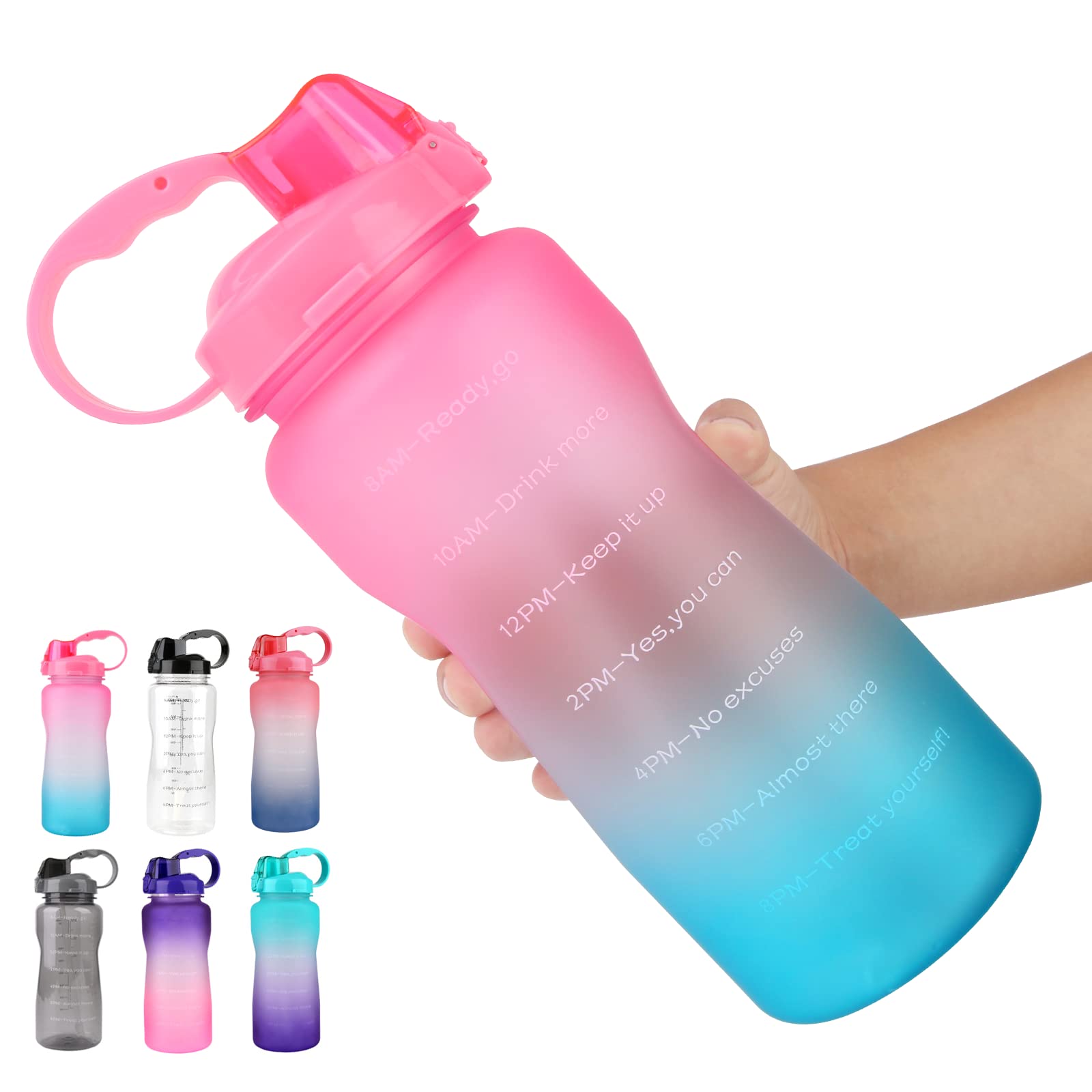 Water Bottle 2L/ Large Sports Bottle with Time Marker, BPA Free & Leakproof, Reusable Portable Fitness Sport Water Bottles for Gym &Outdoor Sports &Office (Pink)