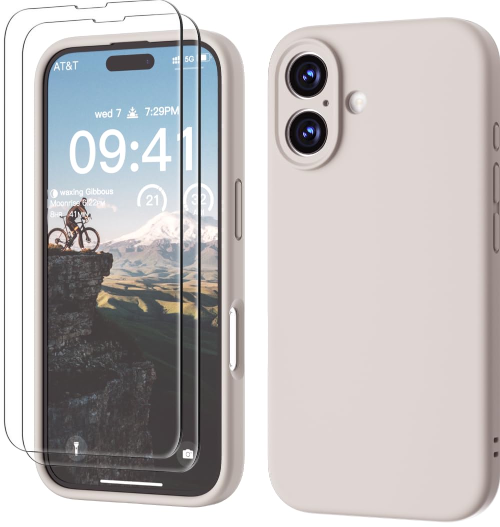GOODVISH 3 in 1 Silicone Cover per iPhone 16 6.1", Custodia con 2 Pellicola Vetro Temperato [Protezione Fotocamera] 360° Protezione Anticaduta Case per Cellulare Antiurto Resistente, Grigio Pietra