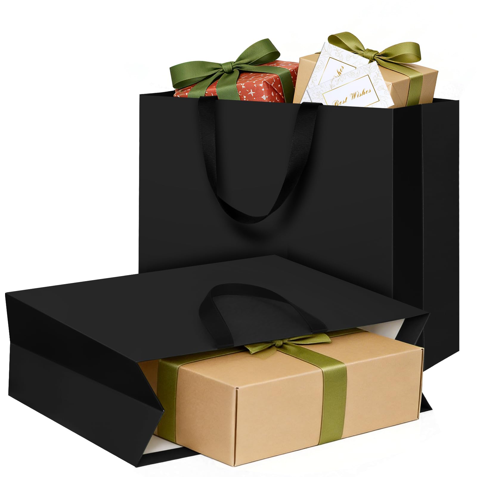 LVNRIDS Extra Large Gift Bags Black, 2 Pack Luxury Gift Shopping Bag with Handle 45 x 15 x 38 cm, Extra Large Gift Bags with 2 Cards for Wedding Birthday Party Christmas Valentine Presents Mall