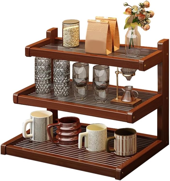 Mug Holder Countertop with Drawer, Wooden Coffee Mug Rack for Coffee Station Organizer Mug Shelf for Cabinet for Kitchen, Home,3tier