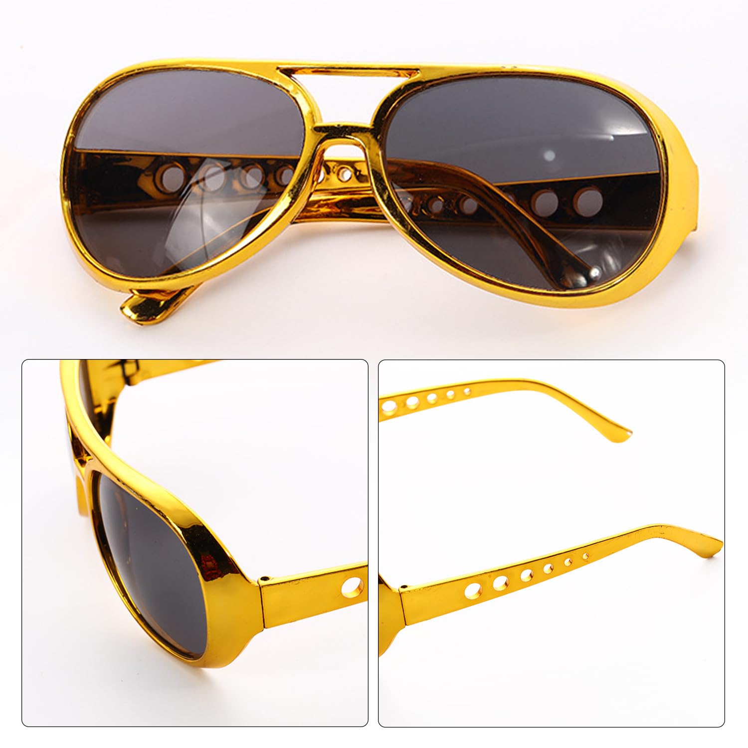 Lezevn 6pcs Gold Elvis Glasses Gold Rockstar Style Glasses 50s Hippie Glasses for Cosplay Costume Halloween Carnival Theme Party - Image 2
