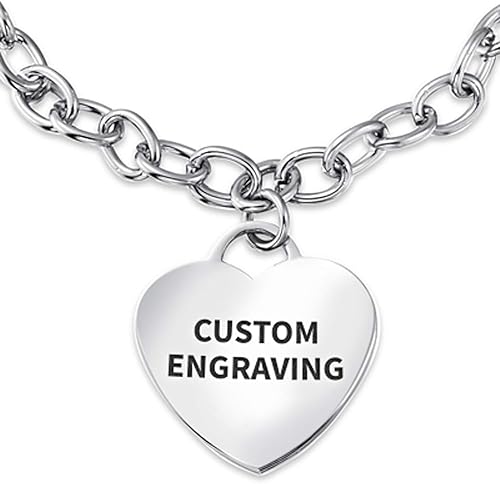 Cadena de eslabones personalizable, diseño de alerta médica, color rojo, con forma de corazón, grabada, para mujeres, adolescentes, tono plateado,