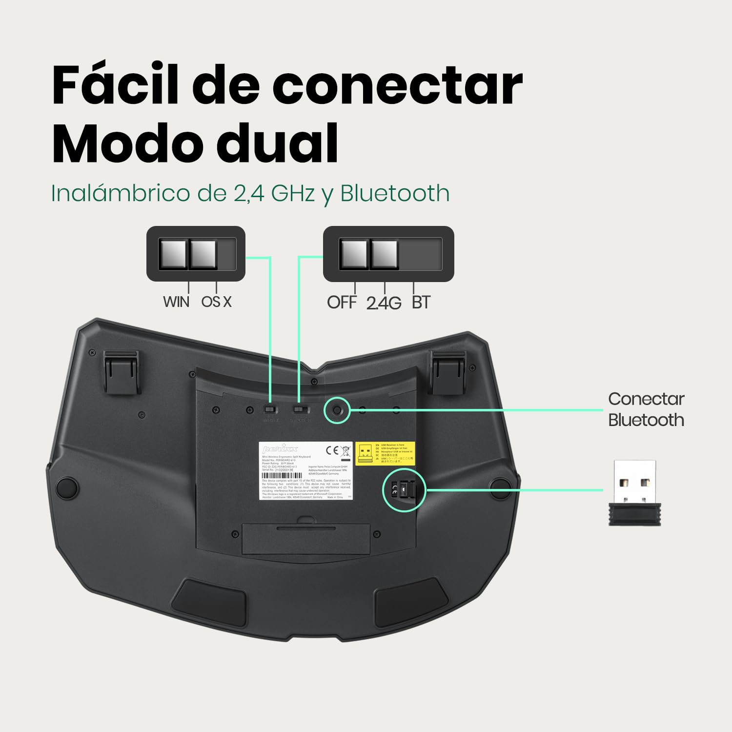 Perixx PERIBOARD-613B Mini tastiera ergonomica wireless con doppia modalità 2.4G e Bluetooth, compatibile con Windows 10 e Mac OS X System, Nero, Layout spagnolo