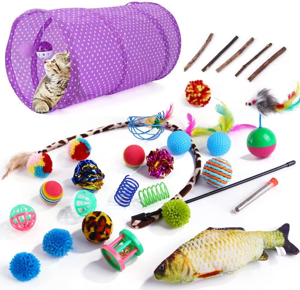 SKY-TOUCH 30pcs Interactive Cat Toys - Keep Your Cat Active and Happy with Variety Teaser Wand, Cat Tunnel, Tent, and Fish Toy