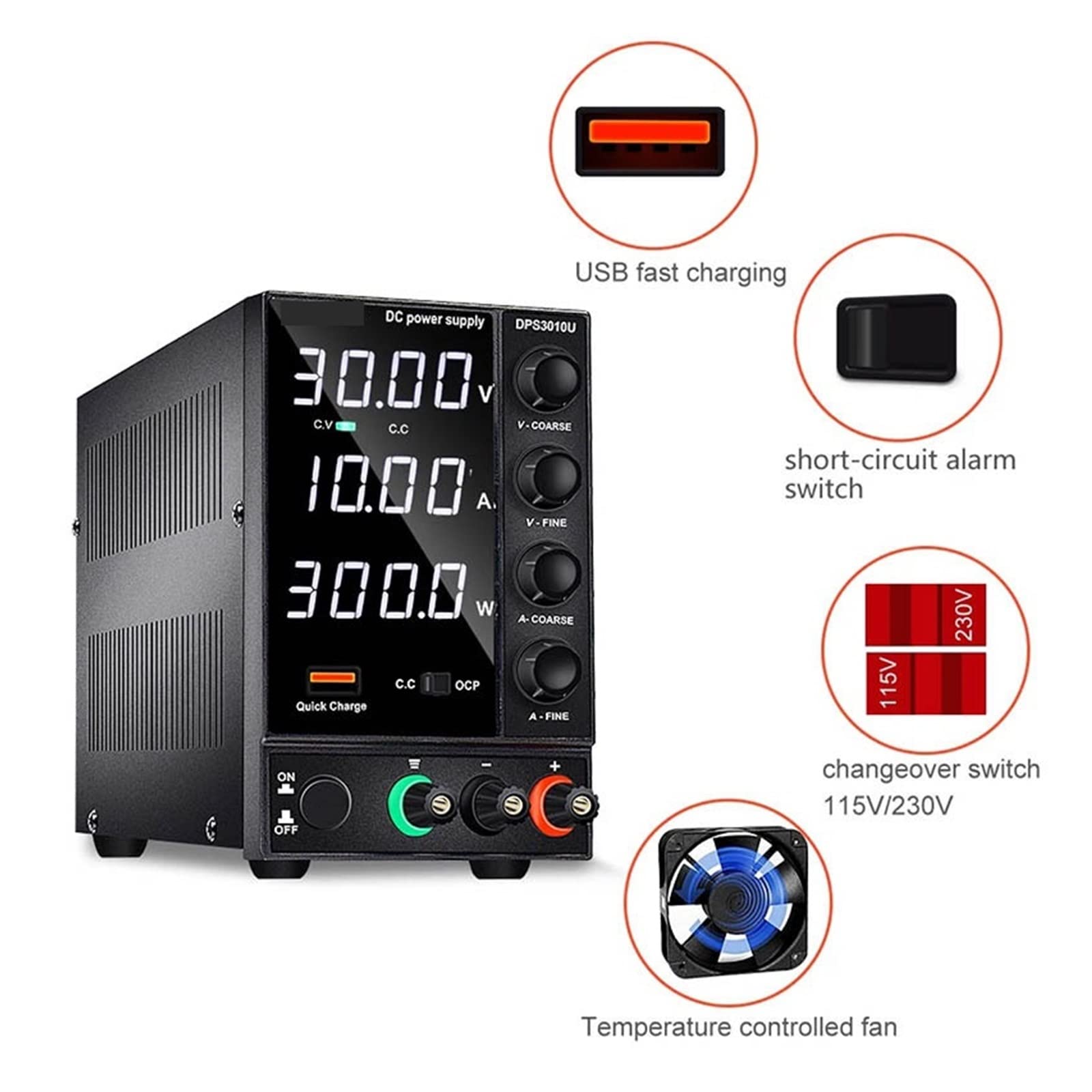 Fuente de alimentación de CC de 120V y 3A, Pantalla de 4 dígitos, Fuente de Banco de conmutación de Laboratorio LED Ajustable, reguladores de Voltaje de Carga USB(DPS3010U)