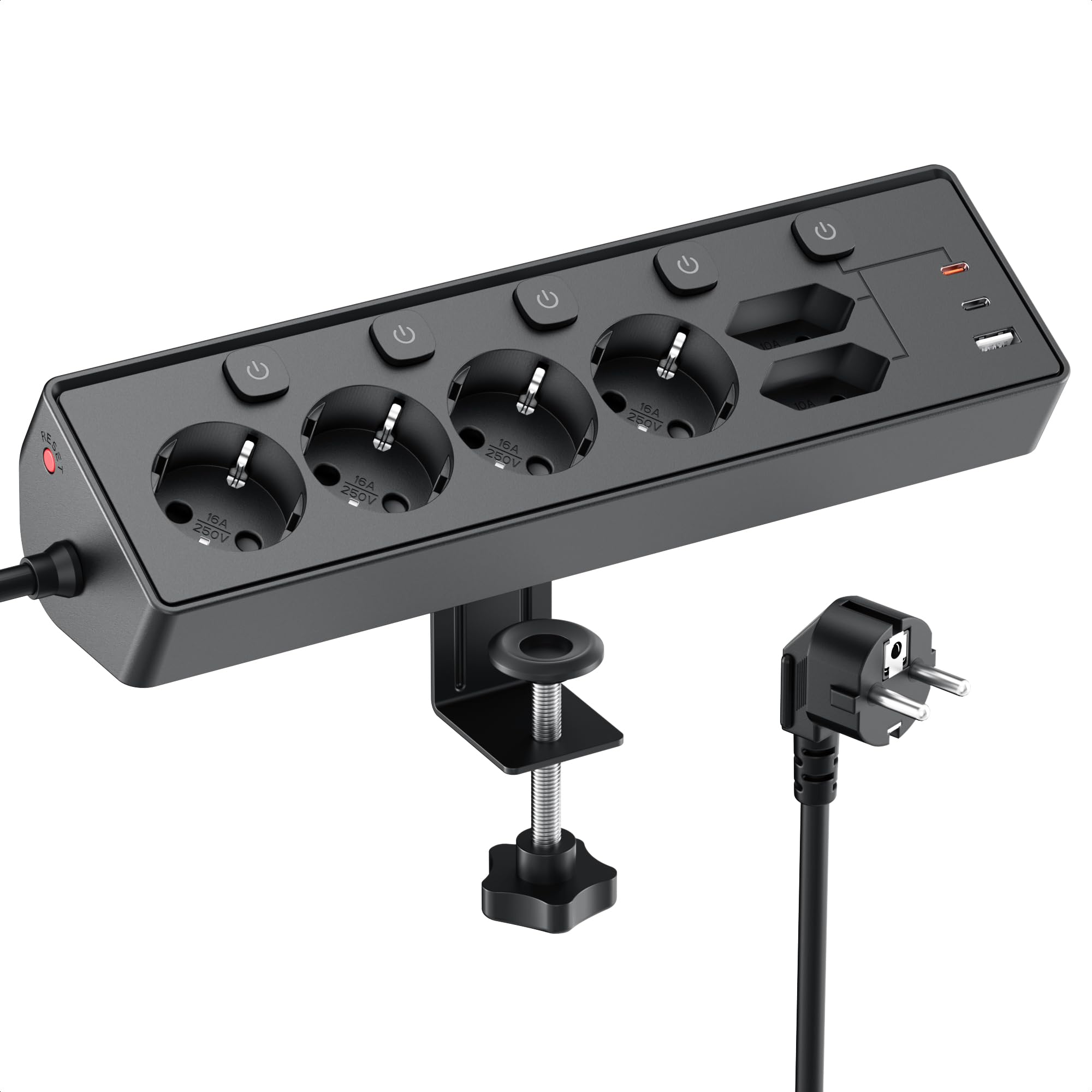 6 Fach Steckdosenleiste mit 3 USB PD 30W, Kemelo Mehrfachsteckdose mit Schalter, 9 in 1 Tischsteckdose Überspannungsschutz Schreibtisch Zubehör, 2m Verlängerungskabel Schreibtisch Steckdose, schwarz