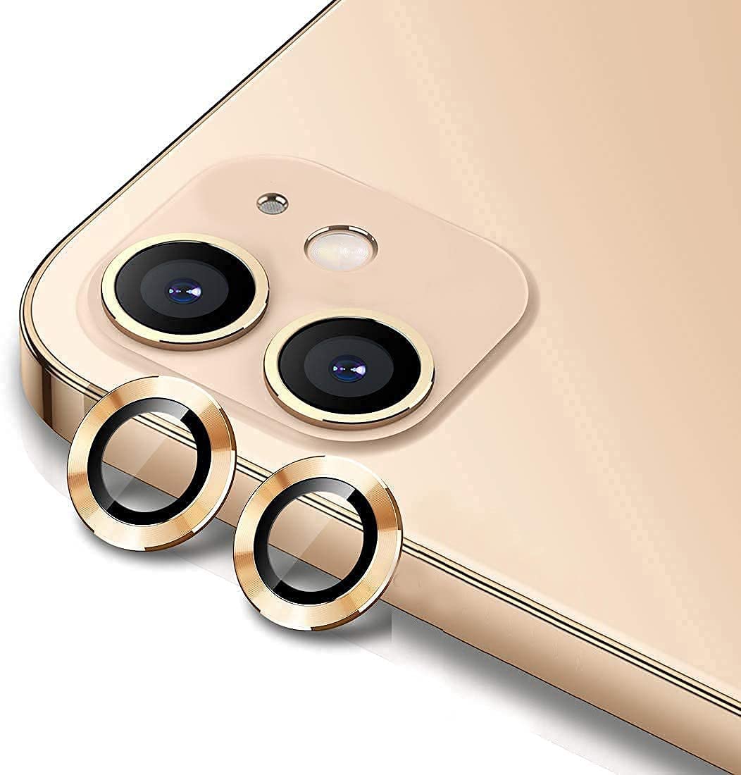 GadgeTEQCamera Lens Protector Compatible iPhone 12 [Set OF 2] Camera Protector High Definition Anti-Scratch Full Coverage Metal Ring Ultra-Thin (Gold)
