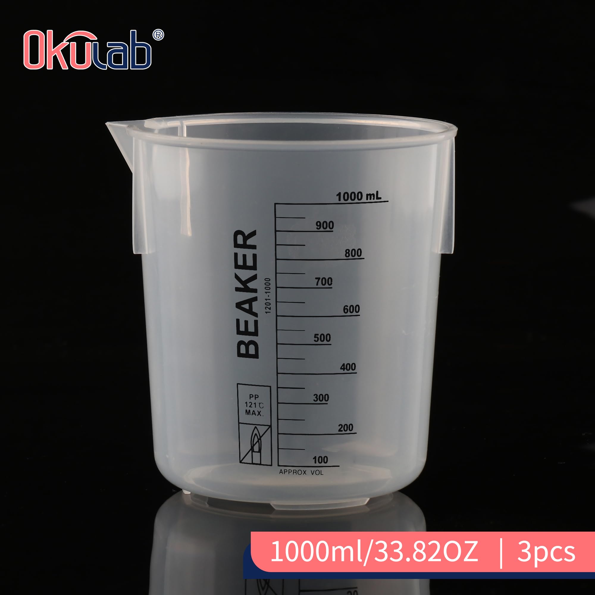 BKLP1000A3 - Juego de vasos de precipitados de plástico autoclavable, 3 unidades, 1000 ml, color negro, graduados, hechos de polietileno, con boquilla de descarga y varillas laterales apiladas,