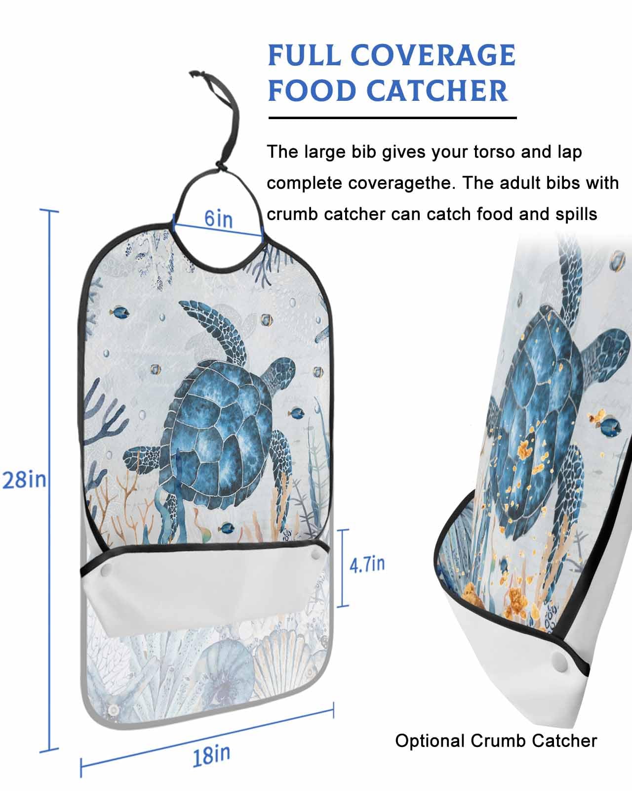 LEOKOTI Blue Sea Turtle Adult Bibs for Eating, Waterproof Bibs with Food Catcher & Adjustable Snap Closure, Beach Coral Nautical Coastal Ocean Washable Clothing Protectors Adult Bibs for Elderly