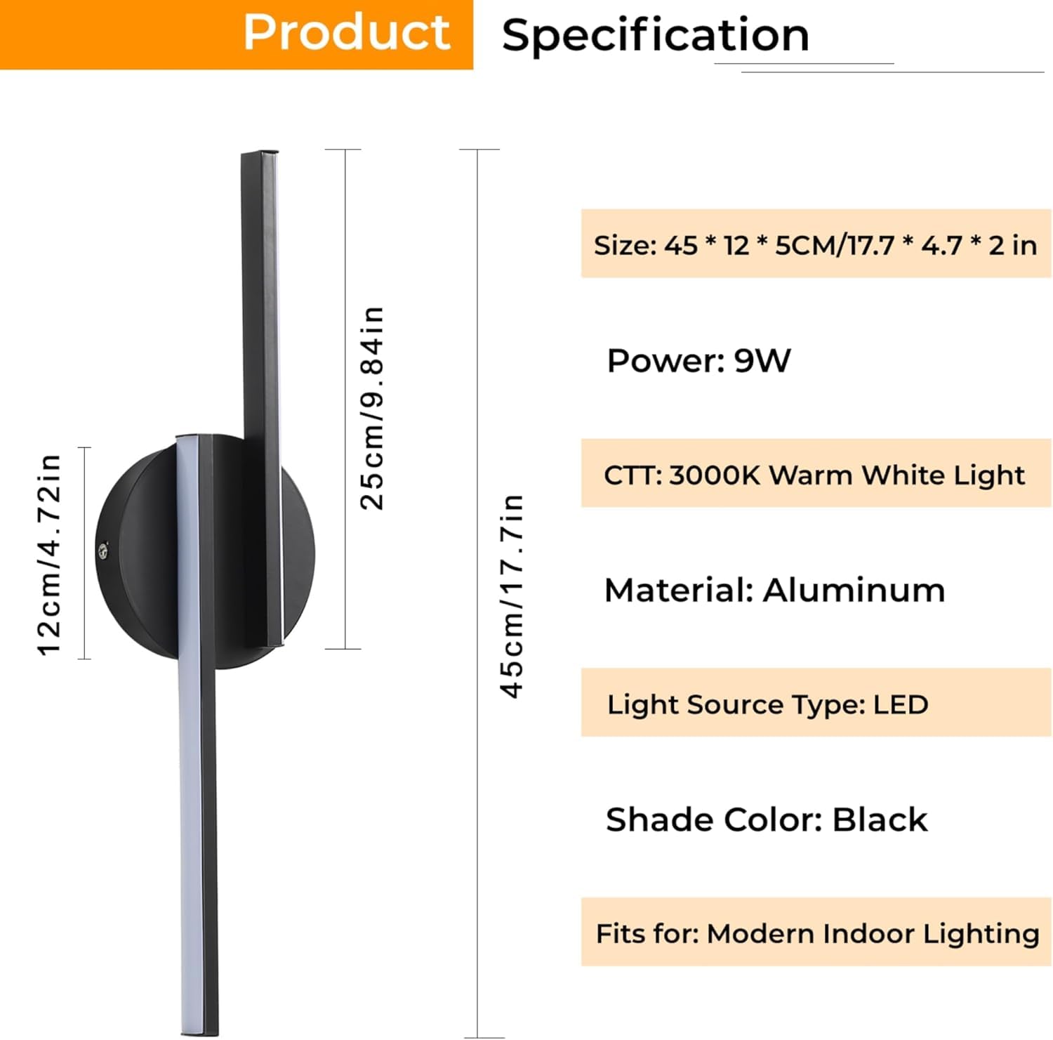 Applique da Parete Interno, 16W Lampada LED Moderno, 1800LM Lampada a Muro per Camera da Letto Soggiorno Corridoio Scale (Nera luce calda-confezione da 2)